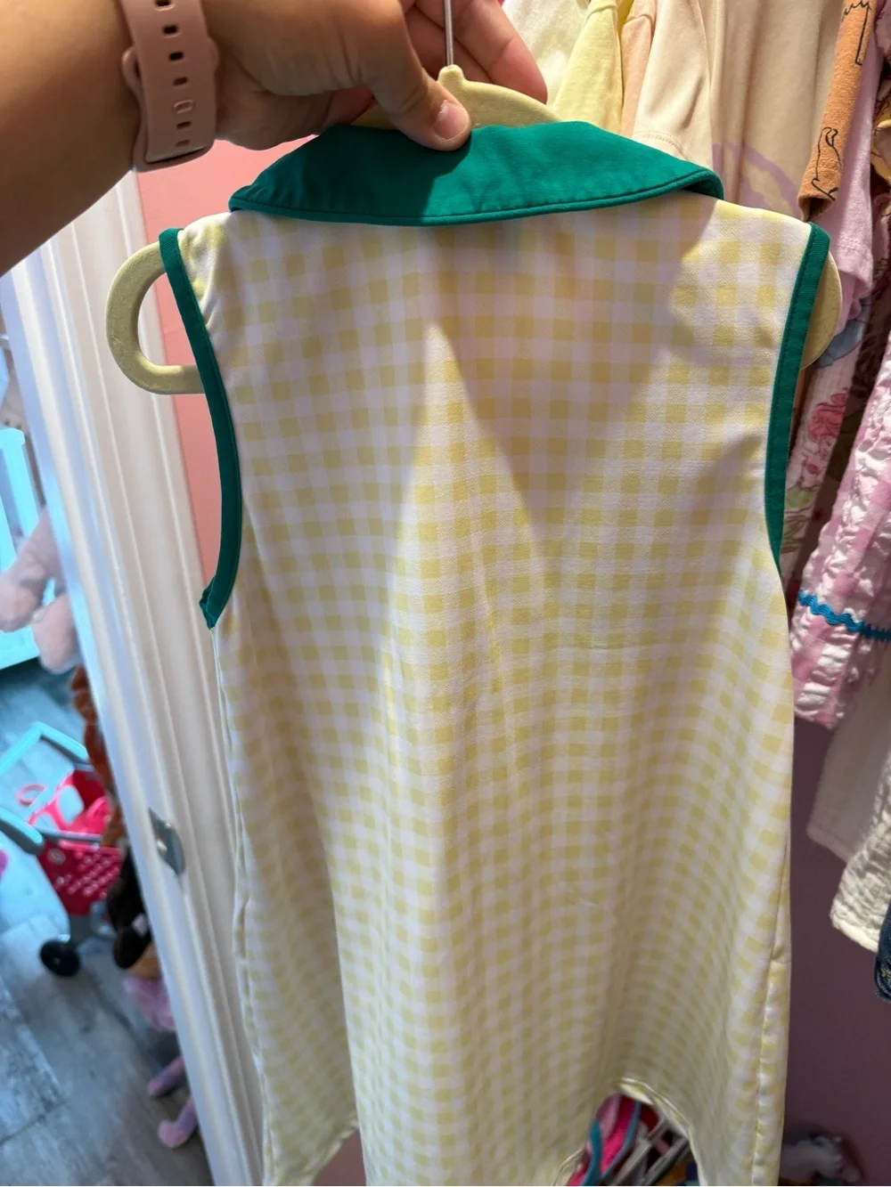Green & Yellow Gingham Girls' Dress with Embroidered Apples - 4T